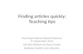 Finding articles quickly: Teaching tips Teaching Evidence Based Medicine 3 rd September 2012 Nia Wyn Roberts & Owen Coxall Bodleian Health Care Libraries.