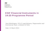 ESIF Financial Instruments in 14-20 Programme Period Jane Worthington, DCLG Legal Advisers, Regeneration and Commercial Team, a division of TSOL Date: