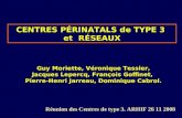 CENTRES PÉRINATALS de TYPE 3 et RÉSEAUX Guy Moriette, Véronique Tessier, Jacques Lepercq, François Goffinet, Pierre-Henri Jarreau, Dominique Cabrol. Réunion.
