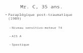 Mr. C, 35 ans. Paraplégique post-traumatique (1989) –Niveau sensitivo-moteur T4 –AIS A –Spastique.