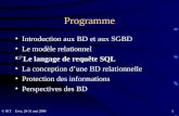 Evry, 29-31 mai 2000 1© INT Programme Introduction aux BD et aux SGBD Le modèle relationnel +Le langage de requête SQL La conception dune BD relationnelle.
