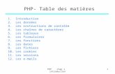PHP- Table des matières 1.Introduction 2.Les données 3.Les instructions de contrôle 4.Les chaînes de caractères 5.Les tableaux 6.Les formulaires 7.Les.