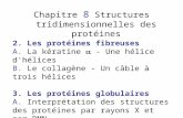 Chapitre 8 Structures tridimensionnelles des protéines 2. Les protéines fibreuses A. La kératine - Une hélice d'hélices B. Le collagène - Un câble à trois.
