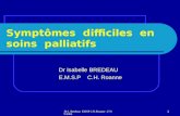 Dr I. Bredeau EMSP C.H.Roanne 27/09/2005 1 Symptômes difficiles en soins palliatifs Dr Isabelle BREDEAU E.M.S.P C.H. Roanne.