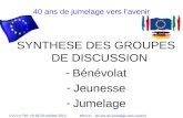 CVJ Le Teil- 18-19-20 octobre 2013 40CVJ+ 40 ans de jumelage vers lavenir SYNTHESE DES GROUPES DE DISCUSSION -Bénévolat -Jeunesse -Jumelage 40 ans de jumelage.