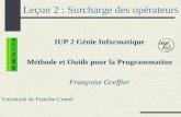 Leçon 2 : Surcharge des opérateurs IUP 2 Génie Informatique Méthode et Outils pour la Programmation Françoise Greffier Université de Franche-Comté