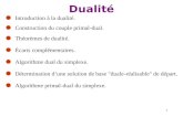 1 Dualité Introduction à la dualité. Construction du couple primal-dual. Théorèmes de dualité. Écarts complémentaires. Algorithme dual du simplexe. Détermination.