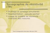 Cours tomographie électrique Mai-Juin 2014 Tomographie de résistivité (TR) Profilage et sondage simultanés Représentation : pseudo-section Image du modèle.
