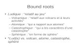 Bound roots Ludique : relatif au jeu –Volcanique : relatif aux volcans et à leurs activités –Atomique : qui a rapport aux atomes –Catastrophique : qui.
