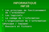1 INFORMATIQUE INF1B Les principes de fonctionnement de lordinateur Les principes de fonctionnement de lordinateur Les logiciels Les logiciels Le codage.