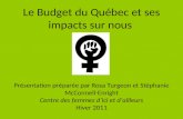 Le Budget du Québec et ses impacts sur nous Présentation préparée par Rosa Turgeon et Stéphanie McConnell-Enright Centre des femmes d’ici et d’ailleurs.
