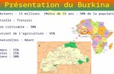 Présentation du Burkina Faso Nombre d’habitants : 13 millions (Moins de 15 ans : 50% de la population) Langue officielle : français Taux de terre cultivable.