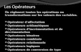 Les Opérateurs Ils régissent toutes les opérations ou transformations sur les valeurs des variables. Opérateur d'affectation Opérateurs arithmétiques Opérateurs.