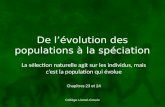 Collège Lionel-Groulx De l’évolution des populations à la spéciation La sélection naturelle agit sur les individus, mais c’est la population qui évolue.