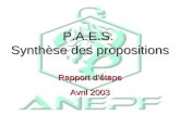 P.A.E.S. Synthèse des propositions Rapport d’étape Avril 2003.