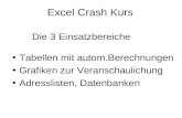 Excel Crash Kurs Tabellen mit autom.Berechnungen Grafiken zur Veranschaulichung Adresslisten, Datenbanken Die 3 Einsatzbereiche.