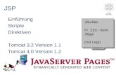 JSP Einführung Skripte Direktiven Tomcat 3.2 Version 1.1 Tomcat 4.0 Version 1.2 JBuilder Fr. 220.- beim Jäggi (mit Legi) JBuilder Fr. 220.- beim Jäggi.