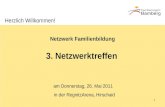 1 Netzwerk Familienbildung 3. Netzwerktreffen am Donnerstag, 26. Mai 2011 in der RegnitzArena, Hirschaid Herzlich Willkommen!