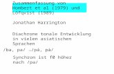 Zusammenfassung von Hombert et al (1979) und Löfqvist (1989) Diachrone tonale Entwicklung in vielen asiatischen Sprachen /ba, pa/ /pá, pà/ Synchron ist.