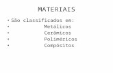 MATERIAIS São classificados em: Metálicos Cerâmicos Poliméricos Compósitos.