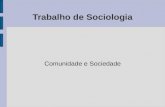 Trabalho de Sociologia Comunidade e Sociedade. Comunidade e sociedade Comunidade e sociedade são as uniões de grupos sociais mais comuns dentro da Sociologia.