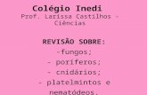 Colégio Inedi Prof. Larissa Castilhos - Ciências REVISÃO SOBRE: -fungos; - poríferos; - cnidários; - platelmintos e nematódeos.