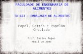 1 FACULDADE DE ENGENHARIA DE ALIMENTOS TA 623 – EMBALAGEM DE ALIMENTOS Papel, Cartão e Papelão Ondulado Prof. Carlos Anjos Abril de 2009.