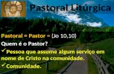 Pastoral Litúrgica Pastoral = Pastor = (Jo 10,10) Quem é o Pastor? Pessoa que assume algum serviço em nome de Cristo na comunidade. Comunidade.