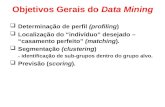 Objetivos Gerais do Data Mining Determinação de perfil (profiling) Localização do indivíduo desejado – casamento perfeito (matching). Segmentação (clustering)