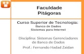 FaculdadePitágoras Curso Superior de Tecnologia: Banco de Dados Sistemas para Internet Disciplina: Sistemas Gerenciadores de Banco de Dados Prof.: Fernando.