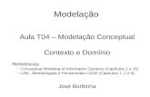 Modelação Aula T04 – Modelação Conceptual Contexto e Domínio Referências: –Conceptual Modeling of Information Systems (Capítulos 1 e 15) –UML, Metodologias.