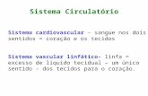 Sistema Circulatório Sistema cardiovascular – sangue nos dois sentidos = coração e os tecidos Sistema vascular linfático- linfa = excesso de líquido tecidual.