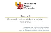 Tema 4 Desarrollo psicosocial en la adultez temprana Profesora: Dra. Estefanía Estévez López Departamento de Psicología de la Salud Área de Psicología.