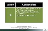 SesiónContenidos: 8 ↘Concepto de par ordenado. ↘El Plano cartesiano. ↘Conceptos de Relación & Función. ↘Dominio y Recorrido. Profesor: Víctor Manuel Reyes.