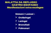 MALATTIA DA REFLUSSO GASTRO-ESOFAGEO Manifestazioni extra-esofagee Sintomi / Lesioni : Orofaringei Laringei Bronchiali Polmonari.