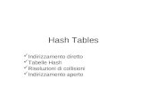 Hash Tables Indirizzamento diretto Tabelle Hash Risoluzioni di collisioni Indirizzamento aperto.
