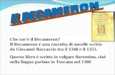 Che cosè il Decameron? Il Decameron è una raccolta di novelle scritte da Giovanni Boccaccio tra il 1348 e il 1353. Questo libro é scritto in volgare fiorentino,