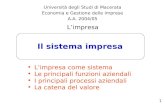 1 Il sistema impresa Università degli Studi di Macerata Economia e Gestione delle Imprese A.A. 2004/05 Limpresa Limpresa come sistema Le principali funzioni.