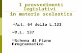 I provvedimenti legislativi in materia scolastica Art. 64 della L.133 D.L. 137 Schema di Piano Programmatico.