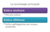 Le tecnologie principali Eolico onshore Piccolo eolico Eolico offshore Eolico galleggiante per acque profonde.