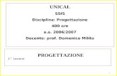 1 PROGETTAZIONE UNICAL SSIS Disciplina: Progettazione 400 ore a.a. 2006/2007 Docente: prof. Domenico Milito 1^ Lezione.