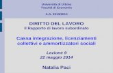 Università di Urbino Facoltà di Economia A.A. 2013/2014 DIRITTO DEL LAVORO Il Rapporto di lavoro subordinato Cassa integrazione, licenziamenti collettivi.
