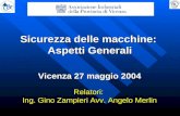 Vicenza 27 maggio 2004 Relatori: Ing. Gino Zampieri Avv. Angelo Merlin Sicurezza delle macchine: Aspetti Generali.