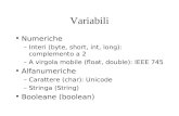 Variabili Numeriche –Interi (byte, short, int, long): complemento a 2 –A virgola mobile (float, double): IEEE 745 Alfanumeriche –Carattere (char): Unicode.