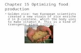Chapter 15 Optimizing food production Golden rice: two European scientists created a new strain of rice enriched in β-carotene, which the body uses to.