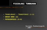FISIOLOGI TUMBUHAN TRANSLOKASI – TRANSPIRASI (1-2) UNSUR HARA (2) FOTOSINTESIS (3-4) Susiani Purbaningsih - 2007.