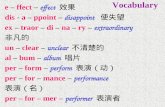 Vocabulary e – ffect – effect 效果 dis - a – ppoint – disappoint 使失望 ex – traor – di – na – ry – extraordinary 非凡的 un – clear – unclear 不清楚的