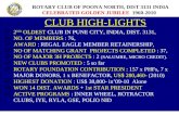 CLUB HIGH-LIGHTS  2 ND OLDEST CLUB IN PUNE CITY, INDIA, DIST. 3131,  NO. OF MEMBERS : 76,  AWARD : REGAL EAGLE MEMBER RETAINERSHIP,  NO OF MATCHING.