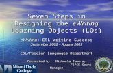 Seven Steps in Designing the eWriting Learning Objects (LOs) eWriting: ESL Writing Success September 2002 – August 2005 ESL/Foreign Languages Department.