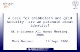 A case for Shibboleth and grid security: are we paranoid about identity? UK e-Science All Hands Meeting, 2006 Mark Norman 19 Sept 2006.